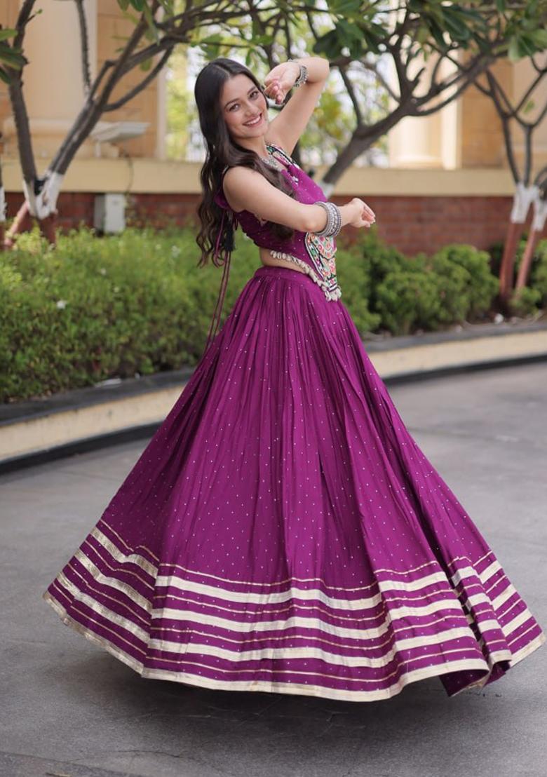 Wine Mirror Work Rayon Lehenga Set - Indya