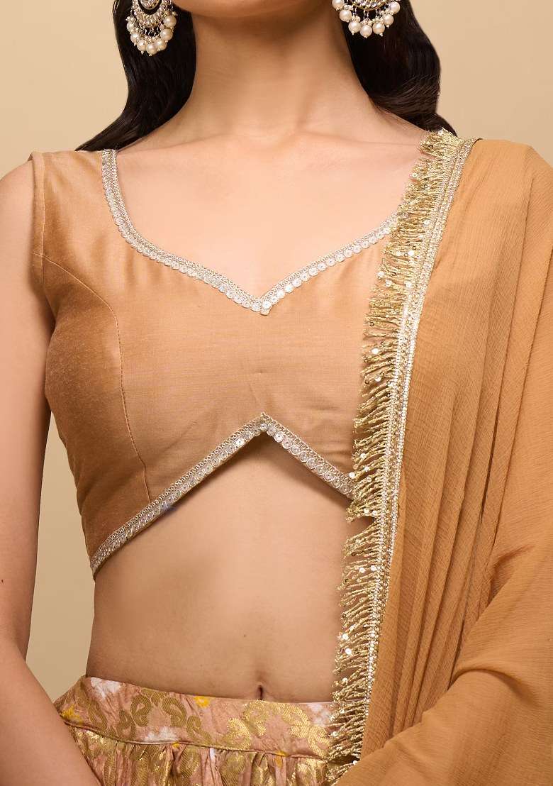 Beige Bandhni Silk Lehenga Set - Indya