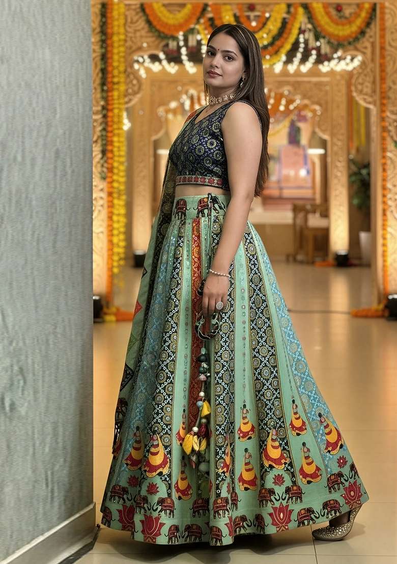 Olive Ajarakh Rayon Lehenga Set - Indya