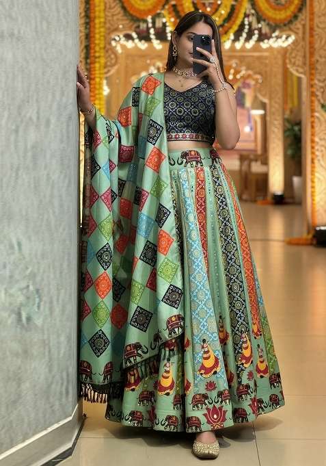 Olive Ajarakh Rayon Lehenga Set