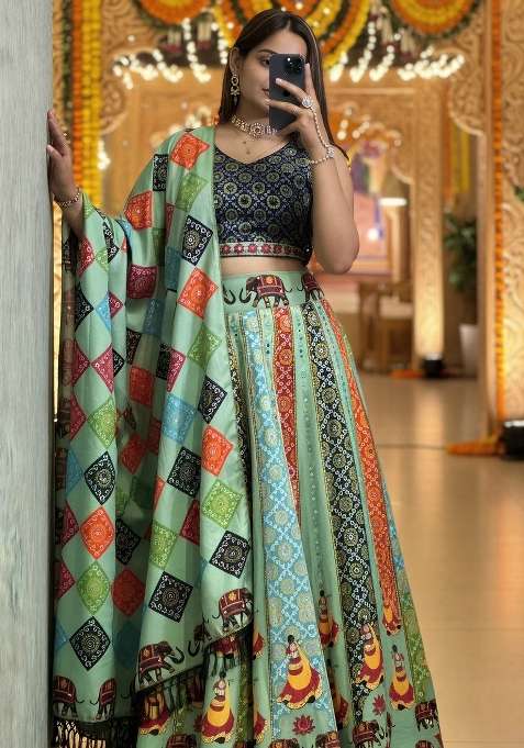 Olive Ajarakh Rayon Lehenga Set