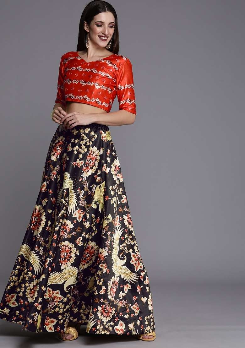 Black Ethnics Motifs Silk Lehenga Set - Indya