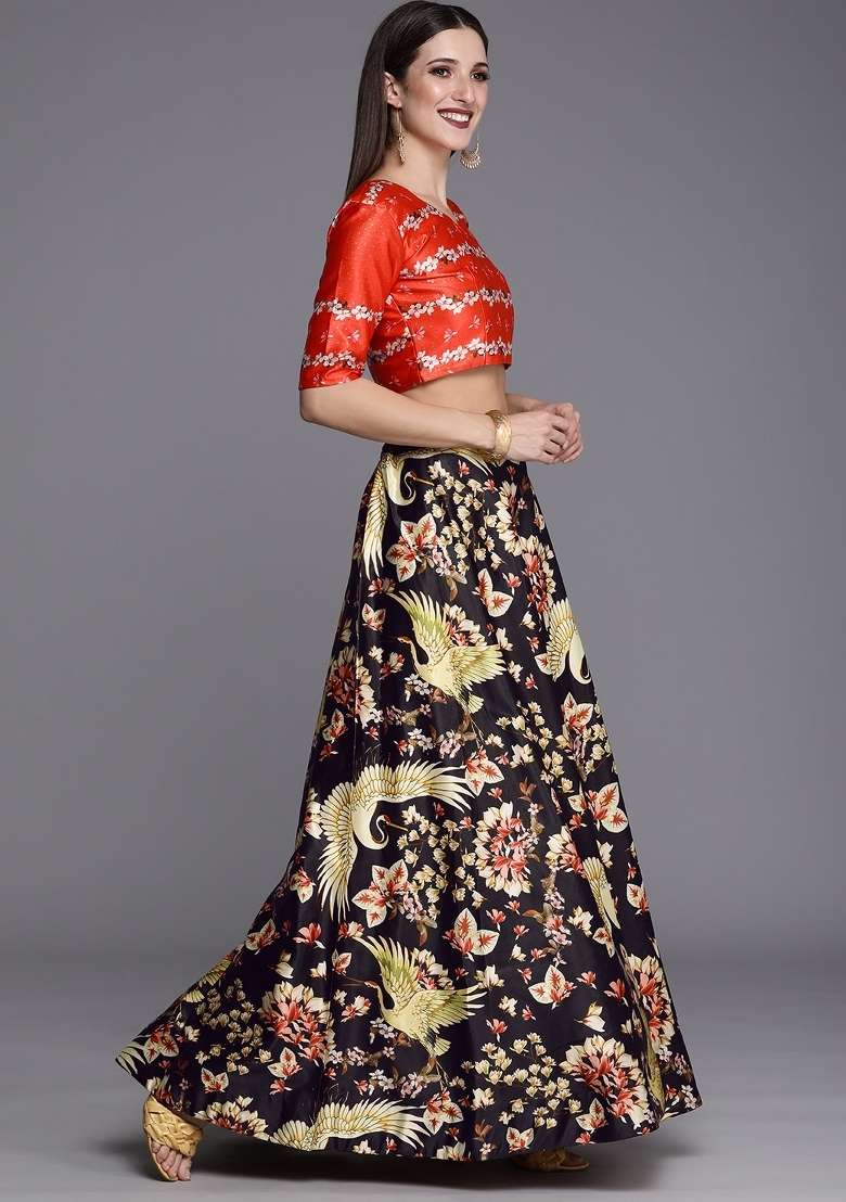 Black Ethnics Motifs Silk Lehenga Set - Indya