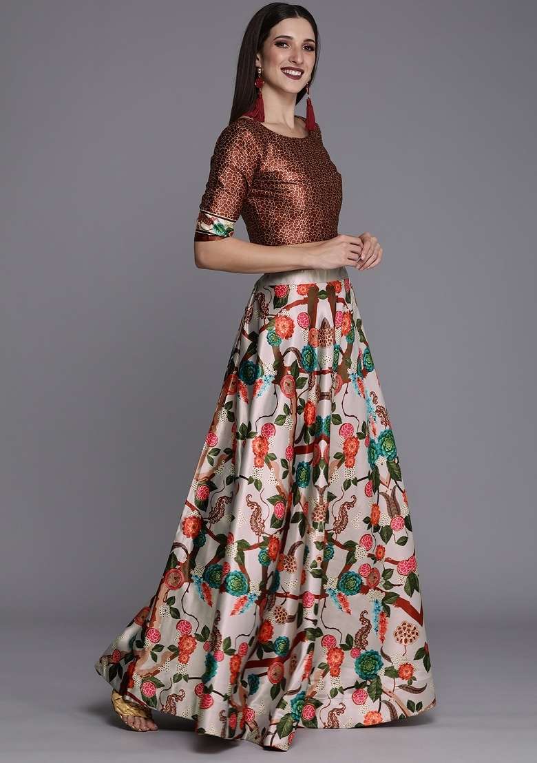 Grey Ethnics Motifs Silk Lehenga Set - Indya