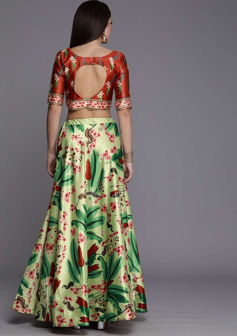 Olive Ethnics Motifs Silk Lehenga Set - Indya