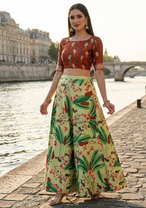 Olive Tropical Silk Lehenga Set