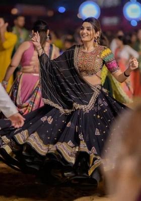 Black Printed Cotton Navratri Lehenga Set