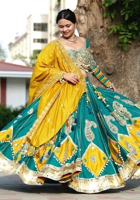 Teal Blue And Bright Yellow Printed Cotton Navratri Lehenga Set