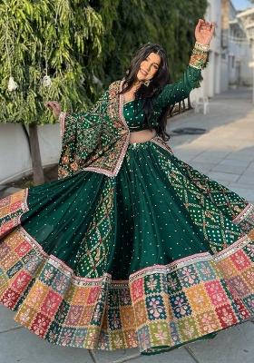 Deep Emerald Green Printed Cotton Navratri Lehenga Set
