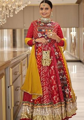 Crimson Red And Bright Mustard Yellow Printed Cotton Navratri Lehenga Set