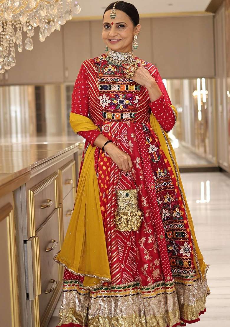 Crimson Red And Bright Mustard Yellow Navratri Cotton Lehenga Set with Printed for Diwali | Wedding & Festive Wear - Indya