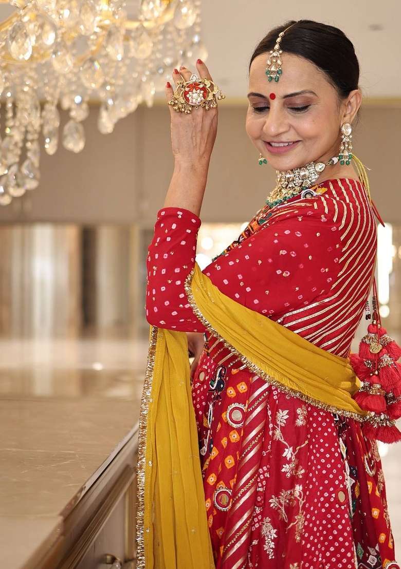 Crimson Red And Bright Mustard Yellow Navratri Cotton Lehenga Set with Printed for Diwali | Wedding & Festive Wear - Indya