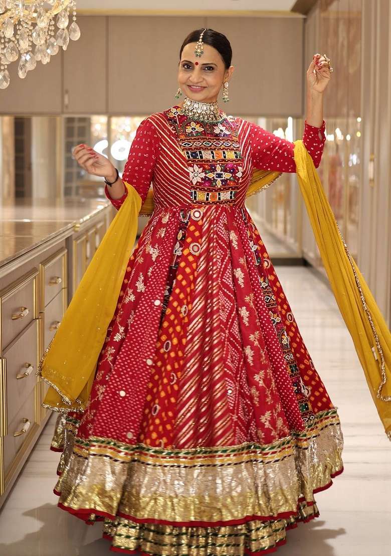 Crimson Red And Bright Mustard Yellow Navratri Cotton Lehenga Set with Printed for Diwali | Wedding & Festive Wear - Indya