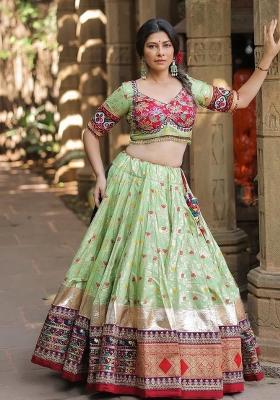 Pastel Mint Green And Crimson Red Printed Cotton Navratri Lehenga Set