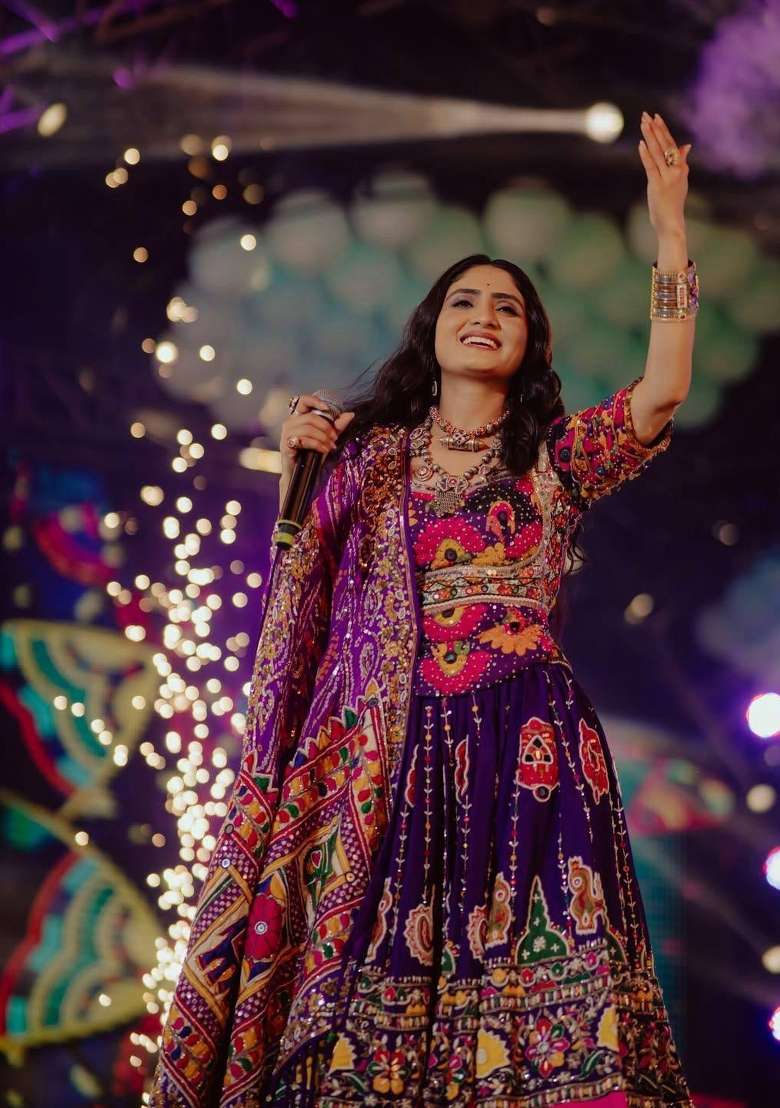 Deep Purple Printed Cotton Navratri Lehenga Set - Indya