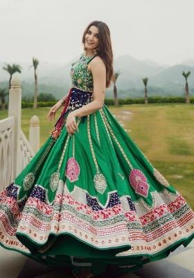 Vibrant Emerald Green Printed Cotton Navratri Lehenga Set