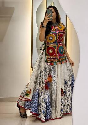 Multicolor Embroidered Cotton Navratri Lehenga Set