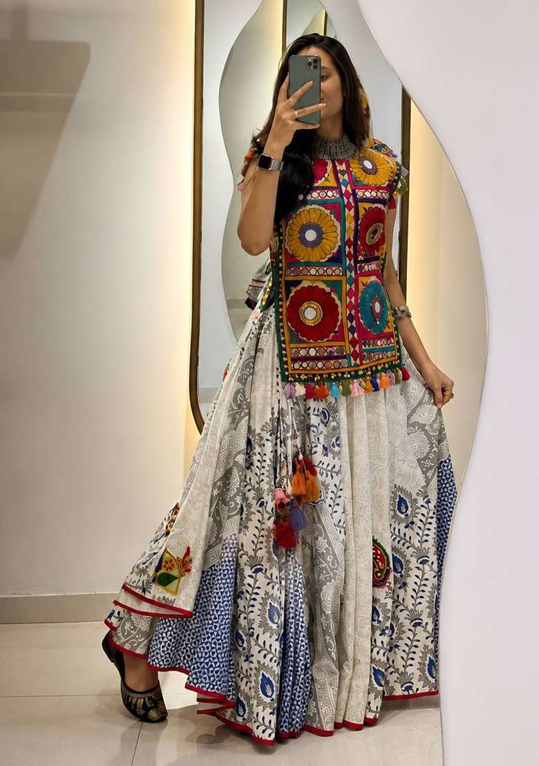 Multicolor Navratri Cotton Lehenga Set with Embroidered for Diwali | Wedding & Festive Wear - Indya