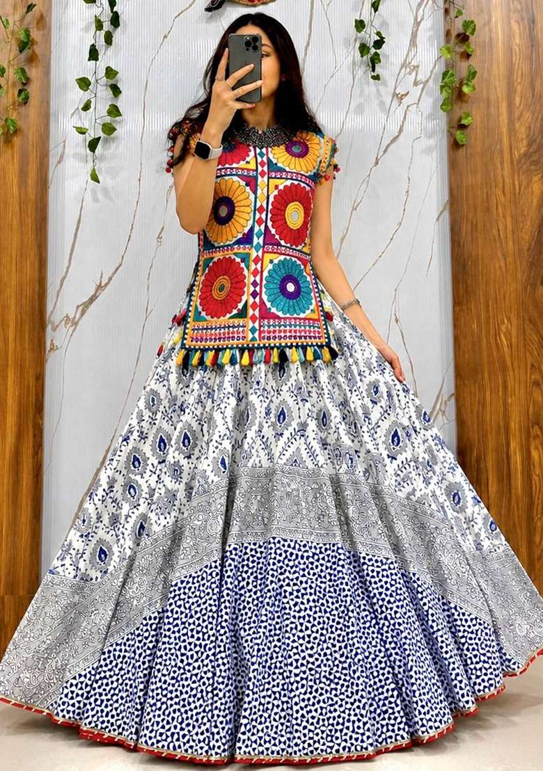 Multicolor Navratri Cotton Lehenga Set with Embroidered for Diwali | Wedding & Festive Wear - Indya