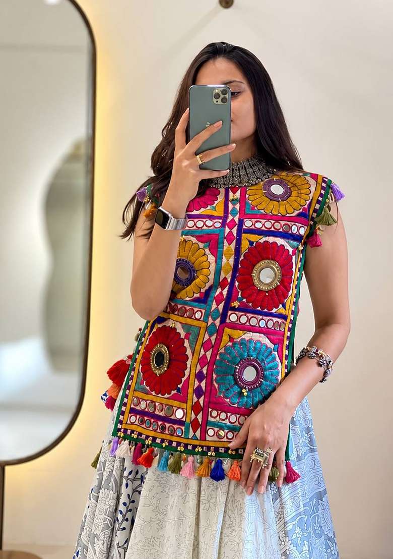 Multicolor Navratri Cotton Lehenga Set with Embroidered for Diwali | Wedding & Festive Wear - Indya