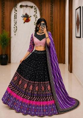 Black And Purple Printed Silk Navratri Lehenga Set