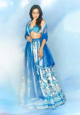Sky Blue And Cream Printed Cotton Navratri Lehenga Set