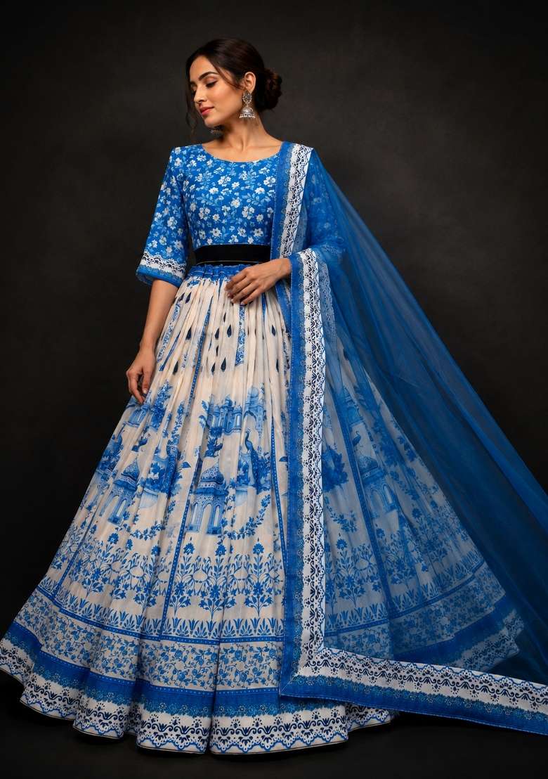 Sky Blue And Cream Printed Cotton Navratri Lehenga Set for Diwali and Festive Wear - Indya