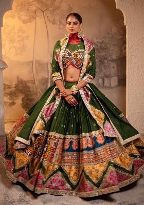 Deep Bottle Green Printed Cotton Navratri Lehenga Set
