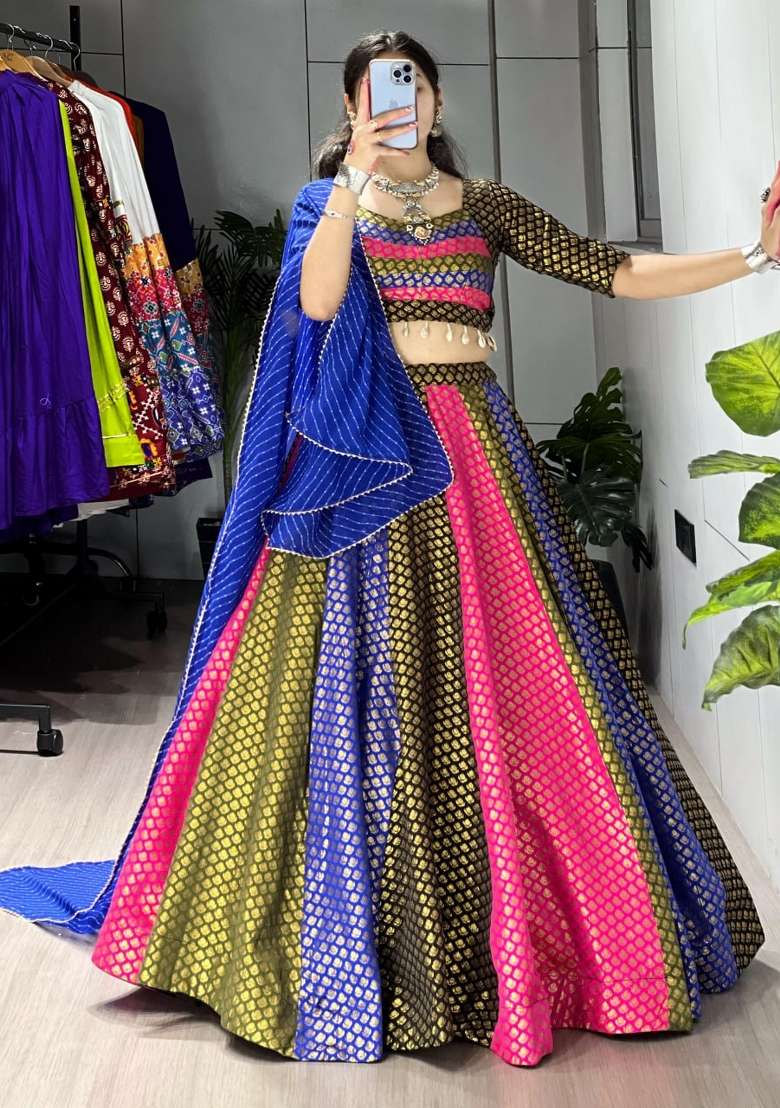Multicolor Weaving Work Silk Navratri Lehenga Set - Indya