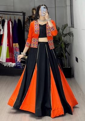 Black And Orange Embroidered Cotton Lehenga Set