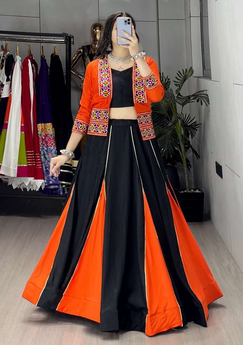 Black And Orange Cotton Lehenga Set with Embroidered for Diwali | Wedding & Festive Wear - Indya