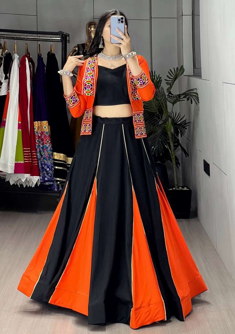 Black And Orange Cotton Lehenga Set with Embroidered for Diwali | Wedding & Festive Wear - Indya