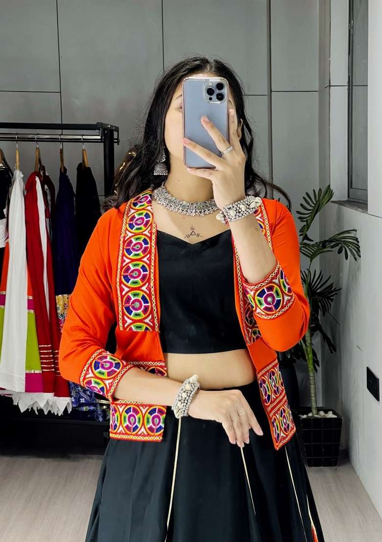 Black And Orange Cotton Lehenga Set with Embroidered for Diwali | Wedding & Festive Wear - Indya