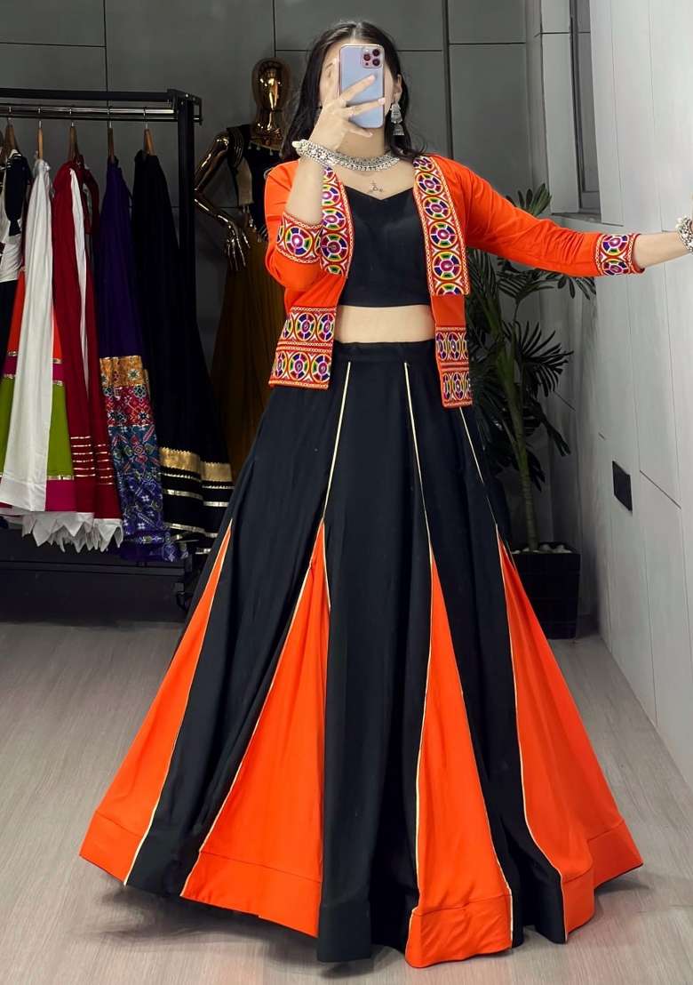 Black And Orange Cotton Lehenga Set with Embroidered for Diwali | Wedding & Festive Wear - Indya