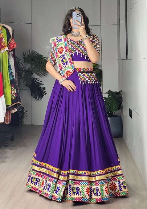 Purple And White Navratri Rayon Lehenga Set with Embroidered for Diwali | Wedding & Festive Wear