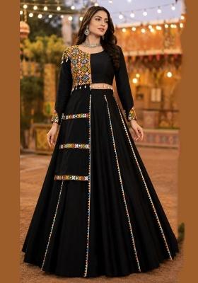Black Gamthi Work Cotton Navratri Lehenga Set