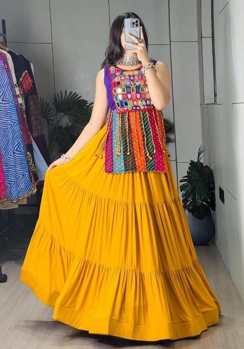 Mustard Yellow And Purple Mirror Work Cotton Navratri Lehenga Set