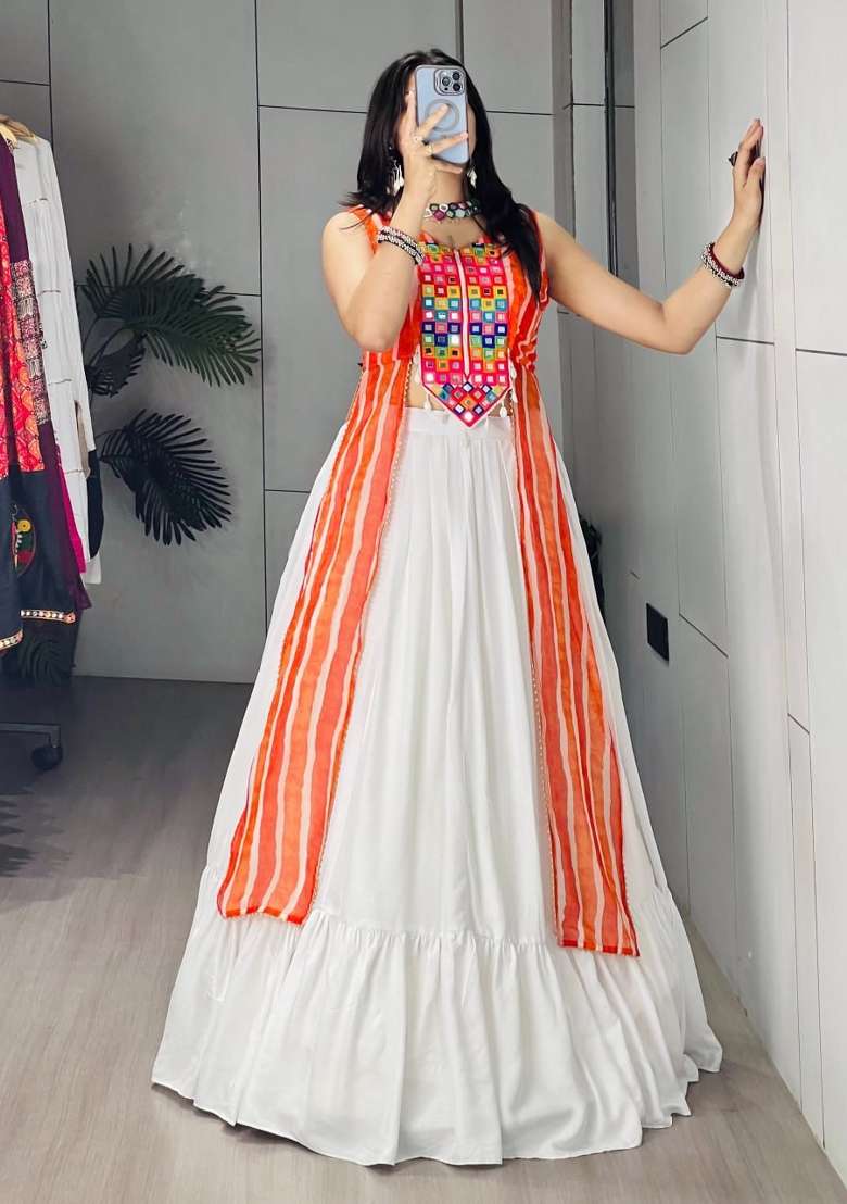 White And Orange Gotta Patti Cotton Navratri Lehenga Set - Indya