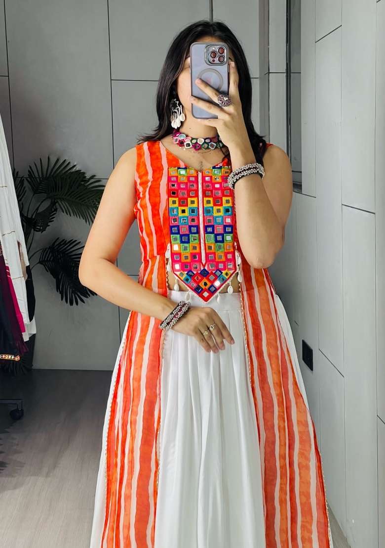 White And Orange Gotta Patti Cotton Navratri Lehenga Set - Indya