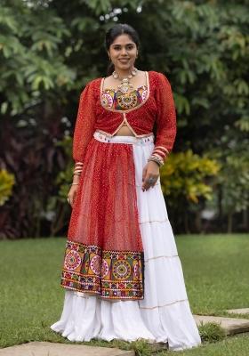 White And Bright Red Mirror Work Cotton Navratri Lehenga Set