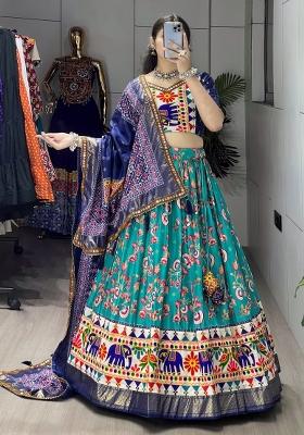 Turquoise Printed Silk Navratri Lehenga Set