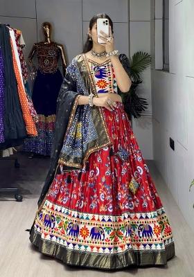 Red Printed Silk Navratri Lehenga Set