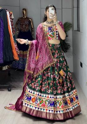 Green Printed Silk Navratri Lehenga Set