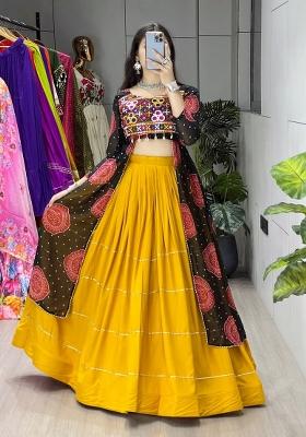 Mustard Yellow And Black Gotta Patti Cotton Navratri Lehenga Set