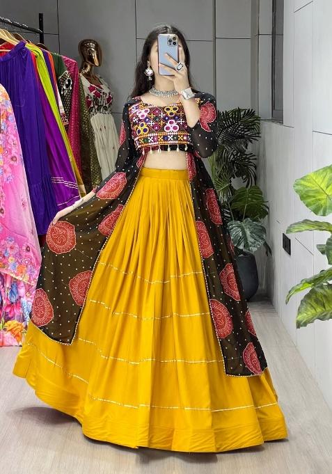 Mustard Yellow And Black Gotta Patti Cotton Navratri Lehenga Set
