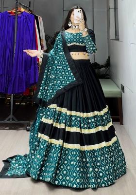 Black And Rama Embroidered Cotton Navratri Lehenga Set