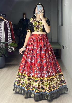 Black And Red Floral Print Silk Navratri Lehenga Set