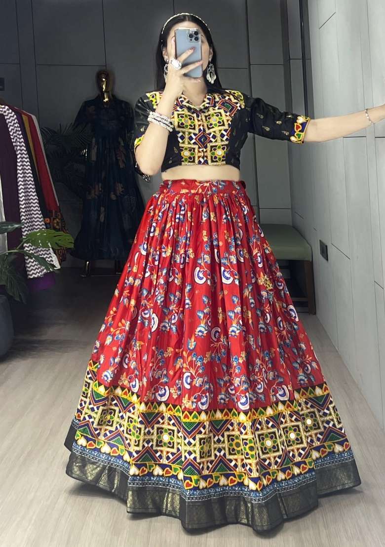 Black And Red Silk Navratri Lehenga Set with Floral Print for Diwali | Wedding & Festive Wear - Indya