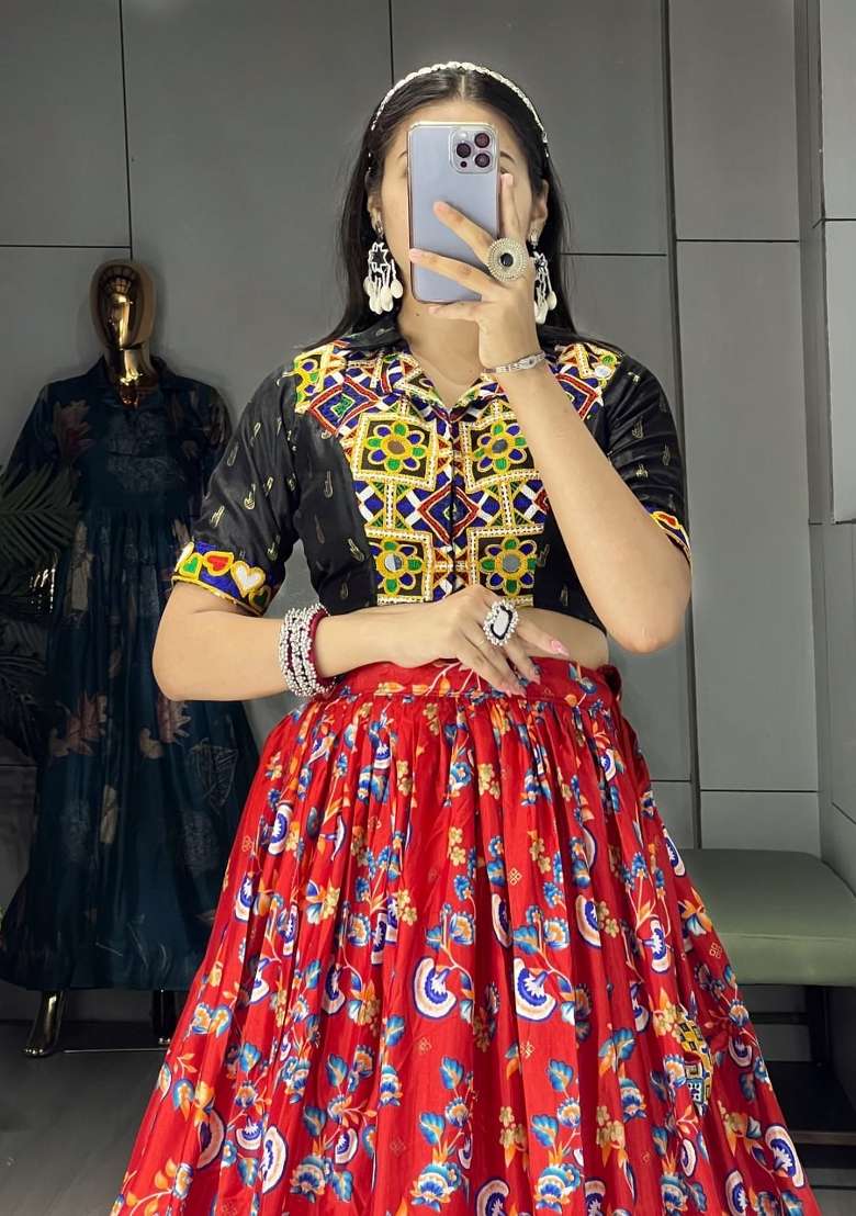 Black And Red Silk Navratri Lehenga Set with Floral Print for Diwali | Wedding & Festive Wear - Indya