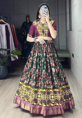 Green And White Floral Print Silk Navratri Lehenga Set